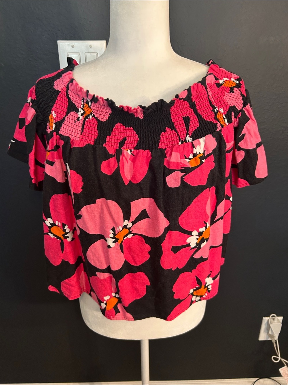Who What Wear Off-Shoulder Floral Top in Hot Pink and Black with matching shorts